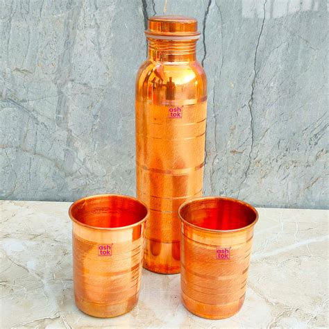 Copper bottle and Two Water Drinking Glasses, Copper Drinkware, Copper ...
