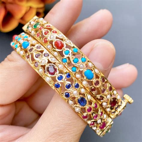 22ct Gold Bangles Studded with Navratan Stones using Traditional Jadau