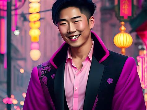 Cute Handsome Asian Man Smiling in Pink Suit with Neon Background ...
