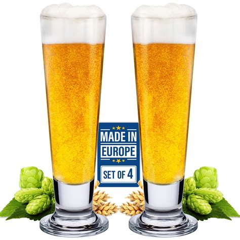 CRYSTALIA Beer Glasses Set of 4, 390ml, 100% Lead Free Tall Footed ...