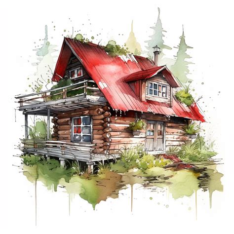 red log cabin with green roof in sharp detail, clipart, water colour ...