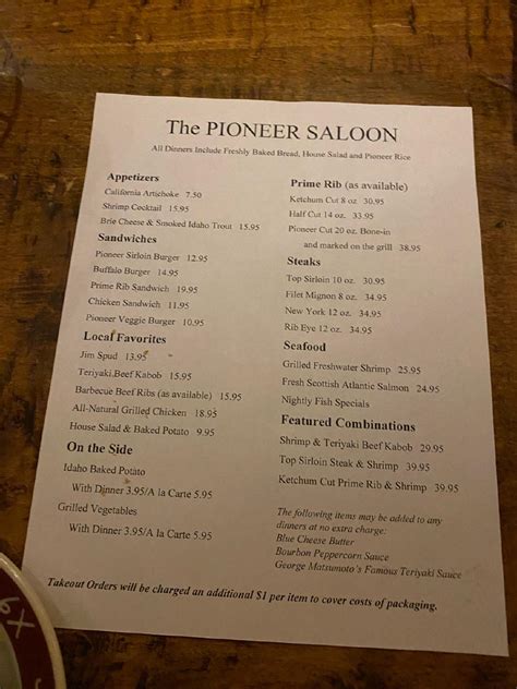 Menu at Pioneer Saloon pub & bar, Ketchum
