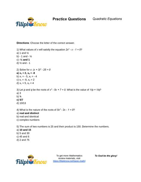Quadratic Equations Practice Questions - Practice Questions Quadratic Equations Directions ...