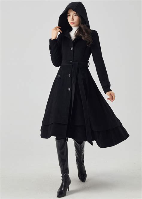 Hooded Wool Coat Women, Black Wool Coat, Long Wool Coat, Trench Coat ...