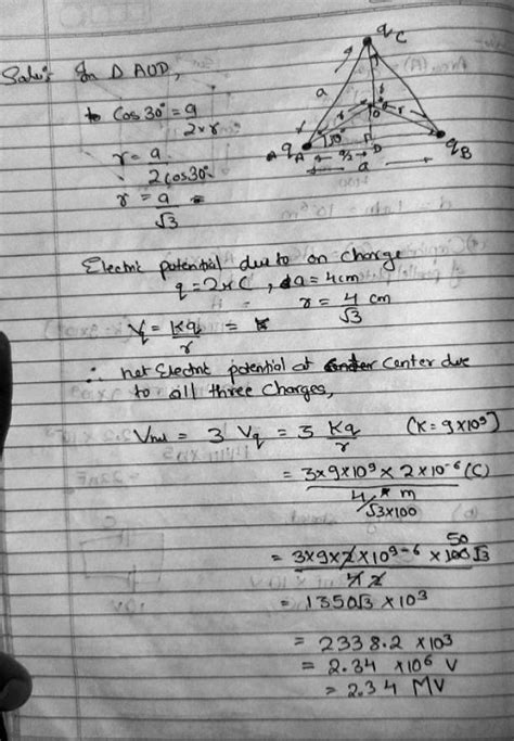 Calculate electric potential at the centre of equilateral triangle each ...