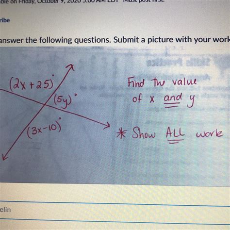(2x + 25) (5y) (3x - 10) solve for x and y - brainly.com