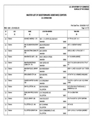 Fillable Online census MASTER LIST OF QUESTIONNAIRE ASSISTANCE CENTERS ...