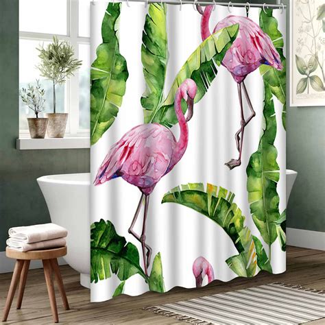 Bay Isle Home™ Waterproof Shower Curtain,Green Animals Pink Flamingos ...