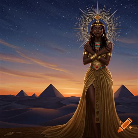 A dark-skinned woman in an ornate gold Egyptian goddess costume stands ...