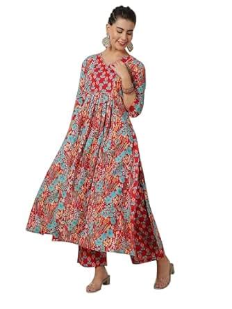 Buy GULMOHAR JAIPUR Women's Cotton Calf Length Printed Flared V-Neck Co ...