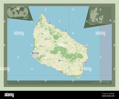 Bornholm, island of Denmark. Open Street Map. Locations and names of major cities of the region ...