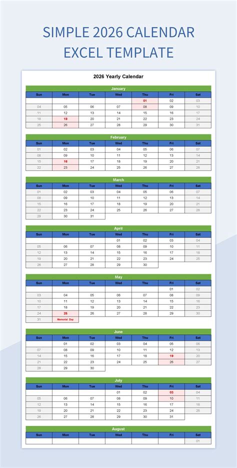 2026 Calendar Excel Template Excel Template And Google Sheets File For ...