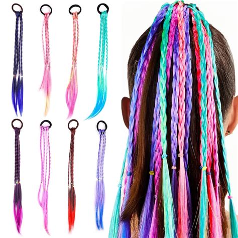 8 Pieces Colored Braids Hair Extensions with Rubber Bands, Rainbow ...