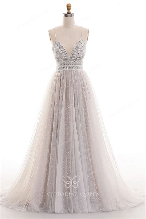 Spaghetti Strap V-neck Lace & Starry Tulle Boho Bridal Dress - VQ