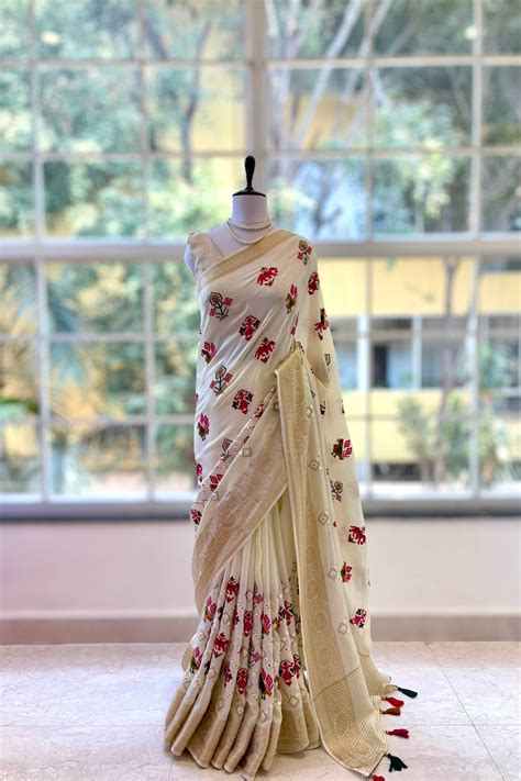 Pure resham patola mirror work saree - White – D tales