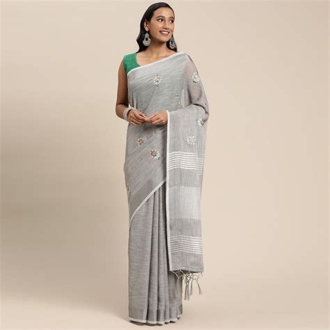 Grey Embroidered Linen Saree With Tassels