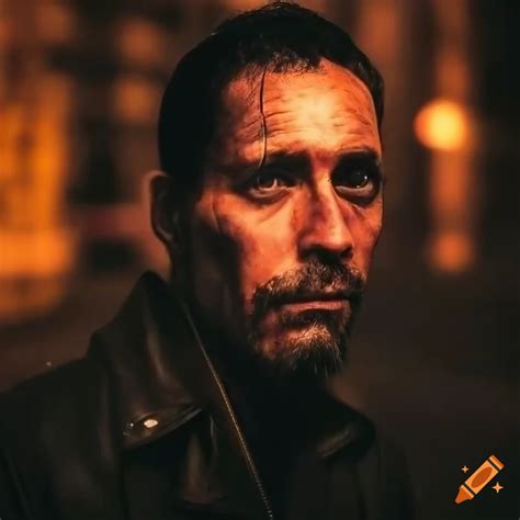 Intense portrait of a rugged spanish man with burn scars in a city ...