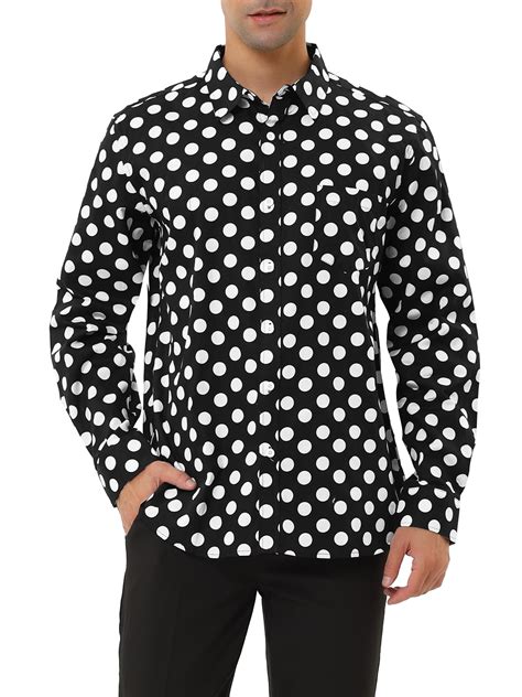 Unique Bargains Men's Long Sleeve Button Slim Polka Dots Shirt 34 Black ...