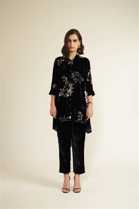 Indigo Shirt in Silk Velvet with Discharge Print and Straight Pants in ...