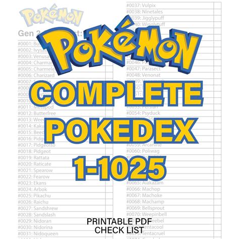 Pokémon Complete Dex Card Check List 1-1025 TCG Pokedex Binder PDF Printable All Pokemon ...