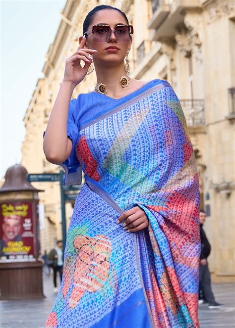 Shades Of Blue Digital Printed Poly Viscose Saree - Clothsvi
