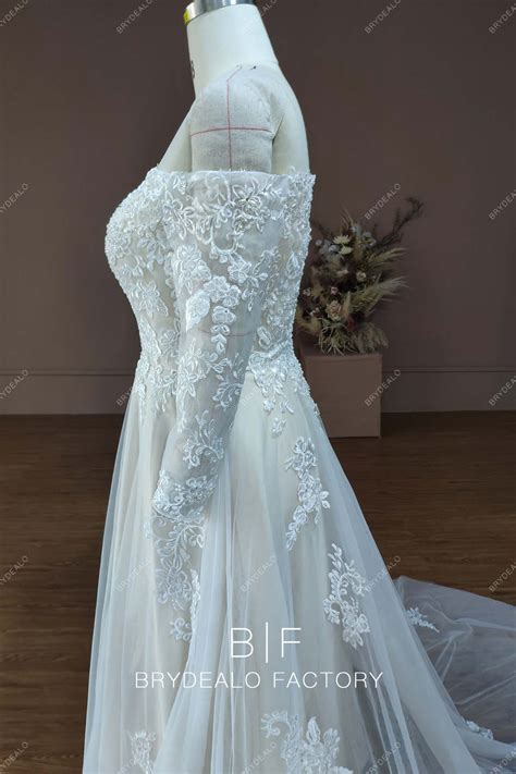 Designer Lace Off Shoulder Plus Size Champagne Destination Bridal Dress