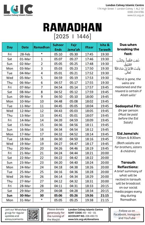 Ramadan 2025 Timetable - London Colney Islamic Centre