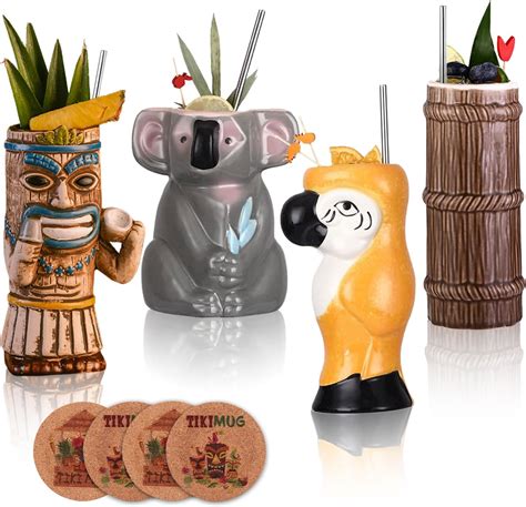 Amazon.com: SUN GKOTTA Tiki Mugs for Cocktail，Set of 4 - Ceramic Tiki ...