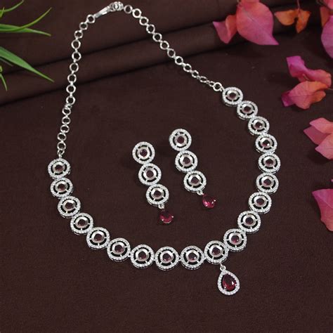 Chic Ruby American Diamond Silver-Plated Necklace Set