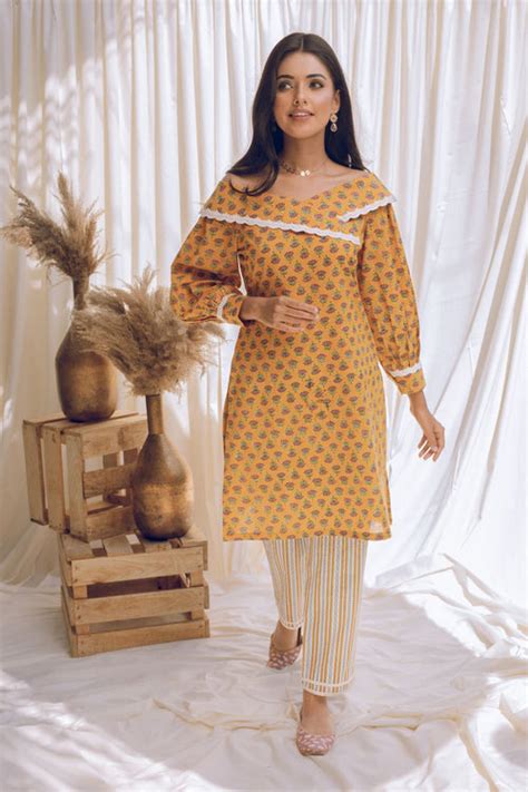 Mahru - Lotus Print off Shoulder Laced Yellow Kurta Set