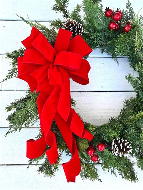 Red Christmas Wreath Bow, Red Velvet Bow, Holiday Wreath, Lantern Bow ...