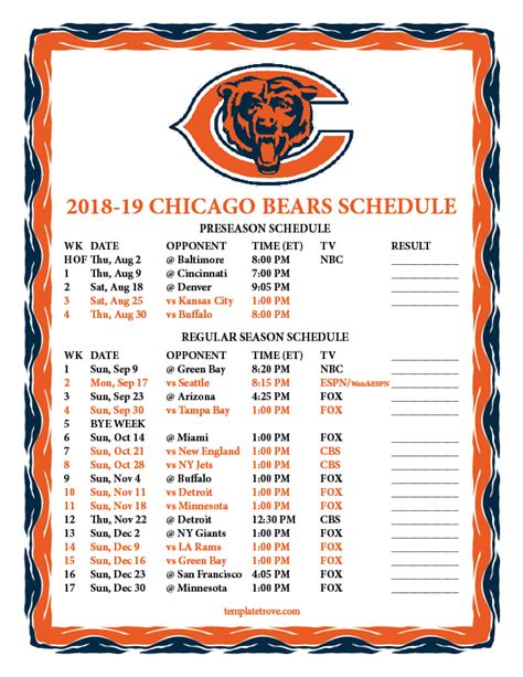 2019 chicago bears schedule