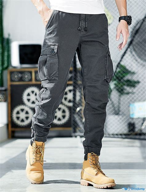 OrcaJump – Mens Cargo Pants Elastic Drawstring Multi-Pocket Solid Color ...