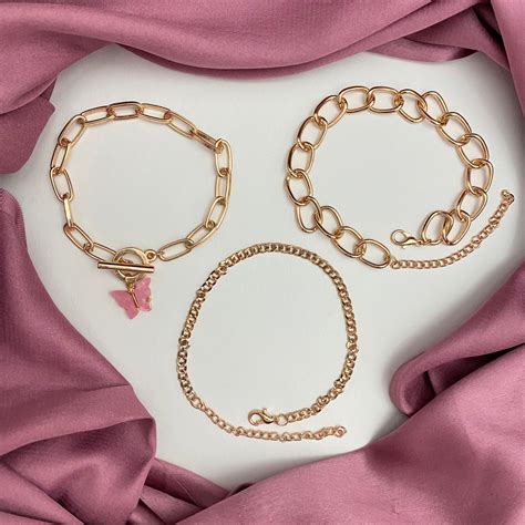 Alloy Set Of 3 Link Chain Bracelet Stacks With Dark Pink Butterfly Cha ...