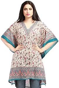 Buy Exotic India Kaftan with Printed Paisleys and Dori at Waist - Color ...