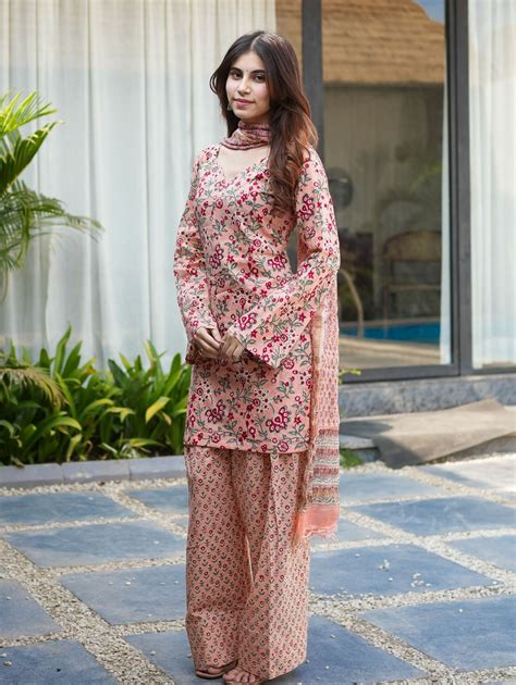 Pink Cotton Kurta Set with Farshi Salwar and Kota Doriya Dupatta – Krutico