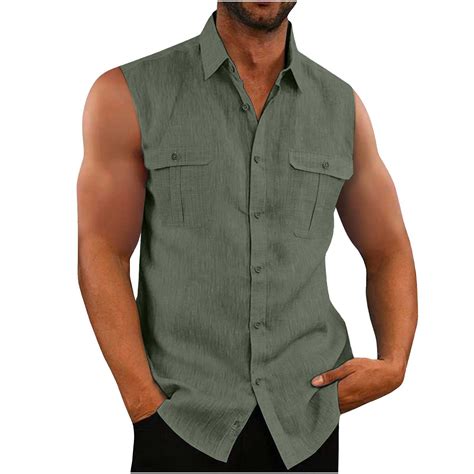 cllios Mens Sleeveless Button Down Shirts Linen Cotton Summer Beach ...