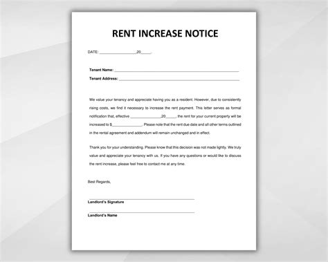 Rental Increase Notice. Rental Increase Form. Rental Increase Letter ...