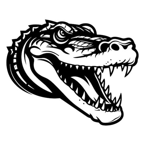 A fierce and detailed black and white illustration of a crocodile head ...