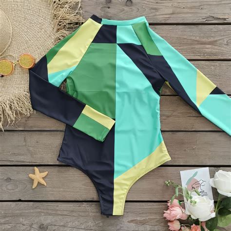 Color Block Long Sleeve Bathing Suit Surf One Piece Front Zipper – BelaWave