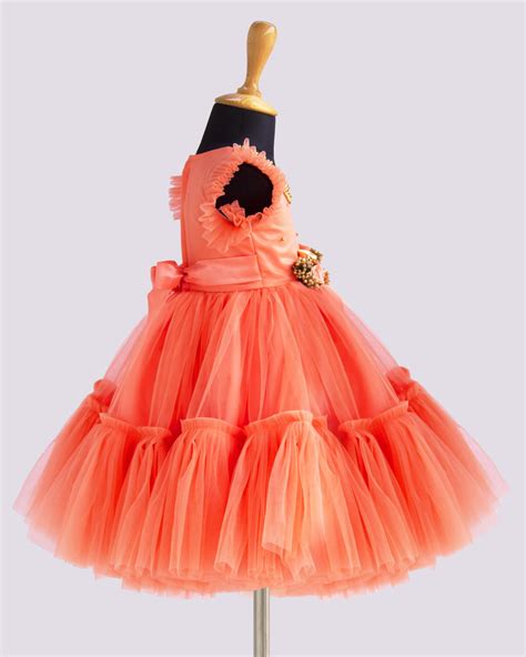 Coral peach shade handwork flower frock – Stanwells Kids