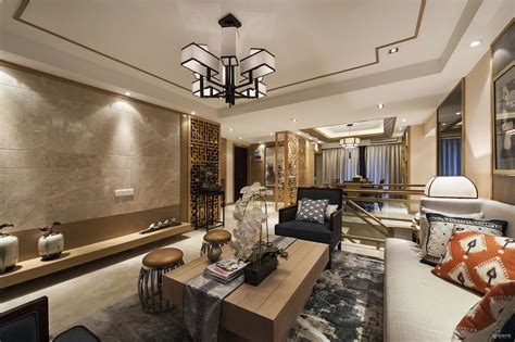 新中式四居室客厅沙发背景墙装修效果图-房屋装修效果图-保驾护航装修网