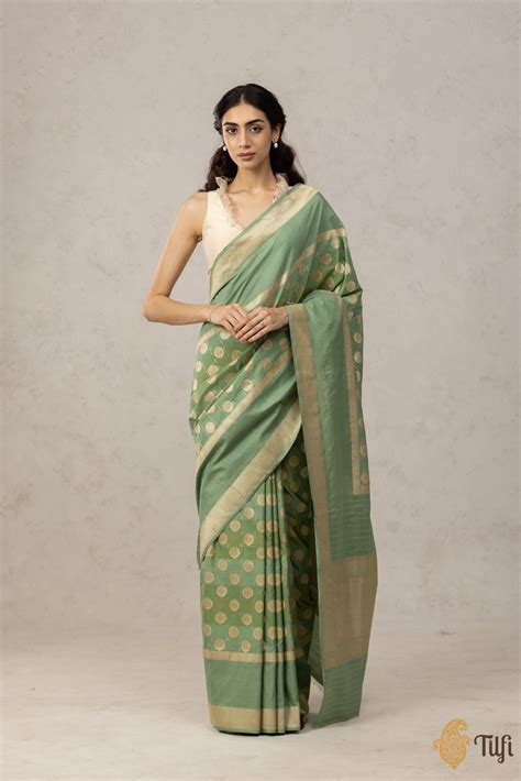 Sage Green Pure Katan Silk by Cotton Banarasi Handloom Saree - Tilfi
