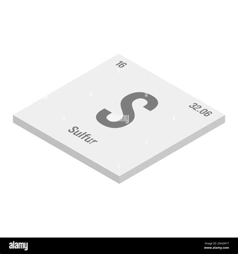 Sulfur, S, gray 3D isometric illustration of periodic table element with name, symbol, atomic ...