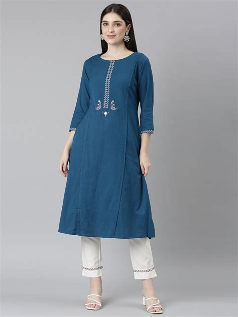 Neerus Blue Regular Straight Solid Kurta And Trousers – Neerus India