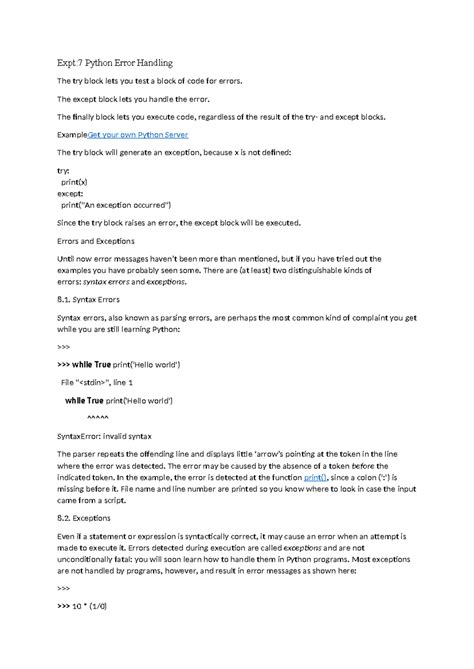 Experiment 7: Python Error Handling Techniques - Studocu