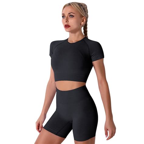 IBTOM CASTLE Women Workout Sets Yoga Outfits, Short Sleeve Crop Top ...