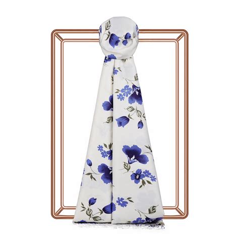 White Blue Clematis Print Silk Scarf | Ipekevi