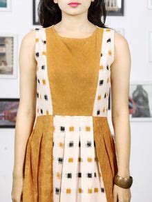 Off White Mustard Long Sleeveless Handwoven Double Ikat Dress With Sid ...