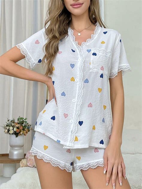 Colorful Heart Print Lace Trimmed Short Sleeve Top And Shorts Pajama ...